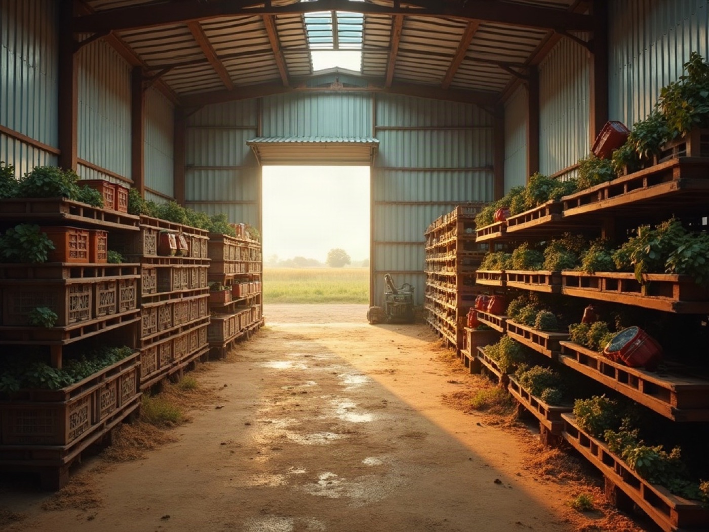 Insulated warehouse with pallet racks of produce crates and flower buckets