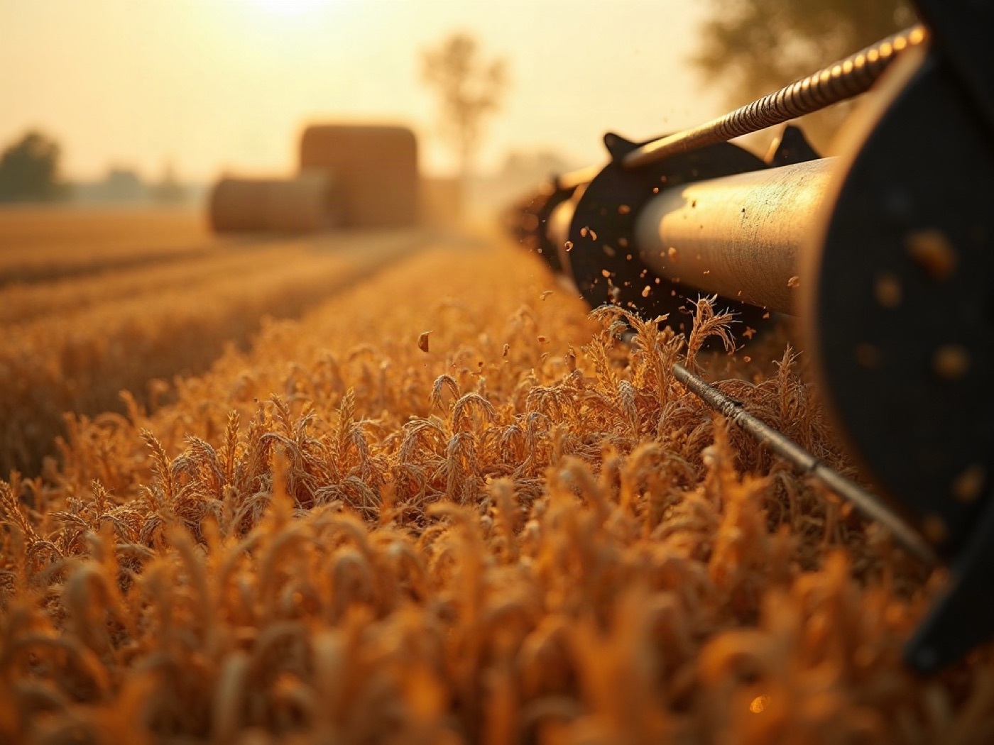Combine header cutting ripe wheat during a Ukrainian cash-grain harvest