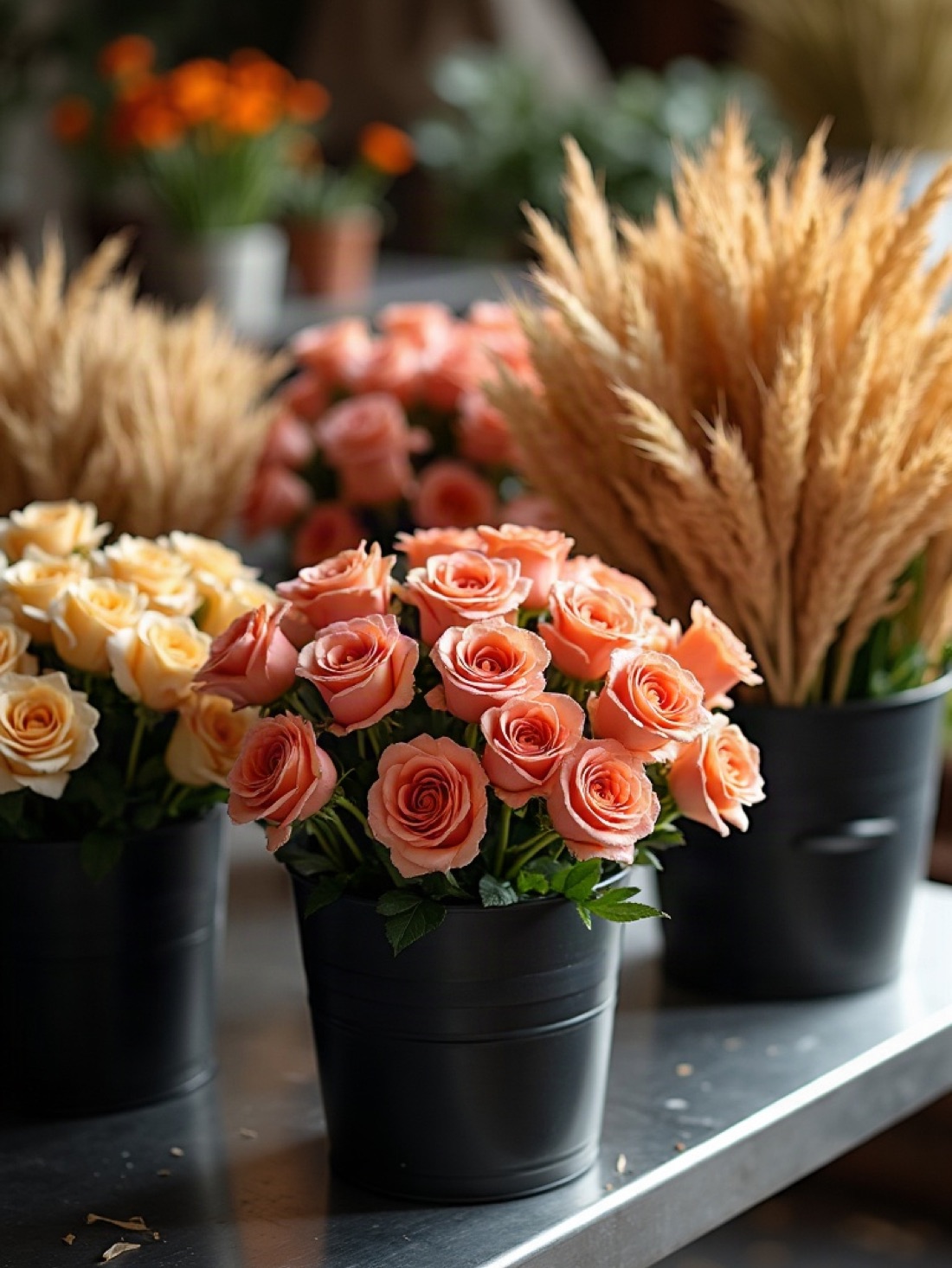 Cut roses, chrysanthemums, and eucalyptus in buckets inside a flower cooler