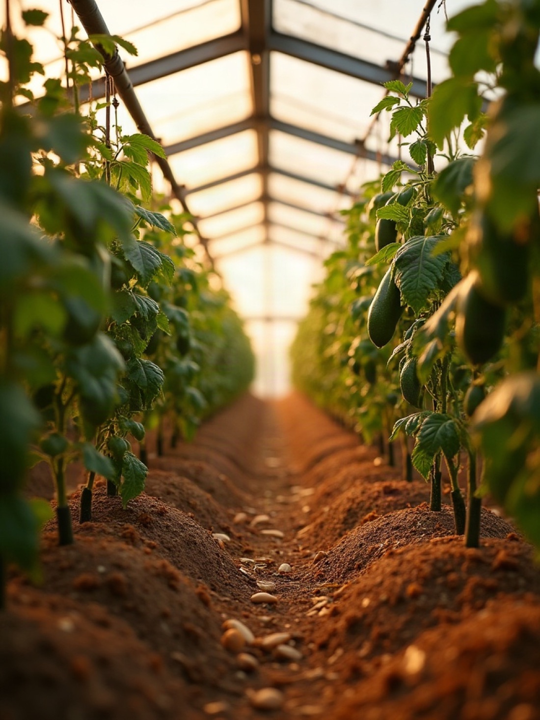 Tomato and cucumber vines on strings inside a commercial greenhouse