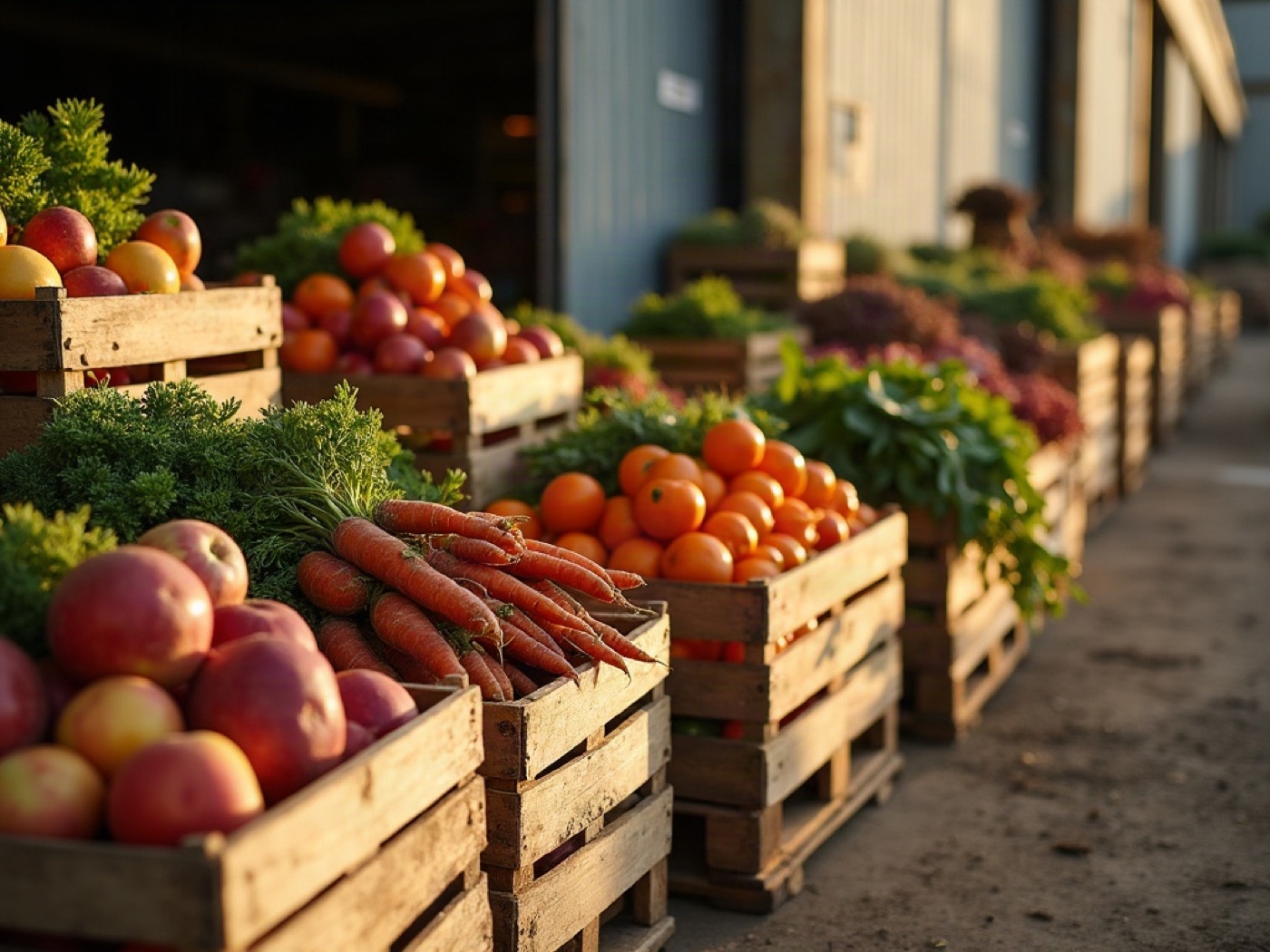 Wooden crates of apples, carrots, cabbage, and peppers stacked on a wholesale dock